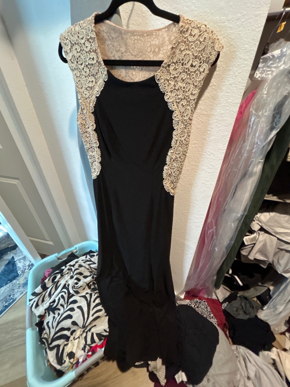 Gold lace black dress